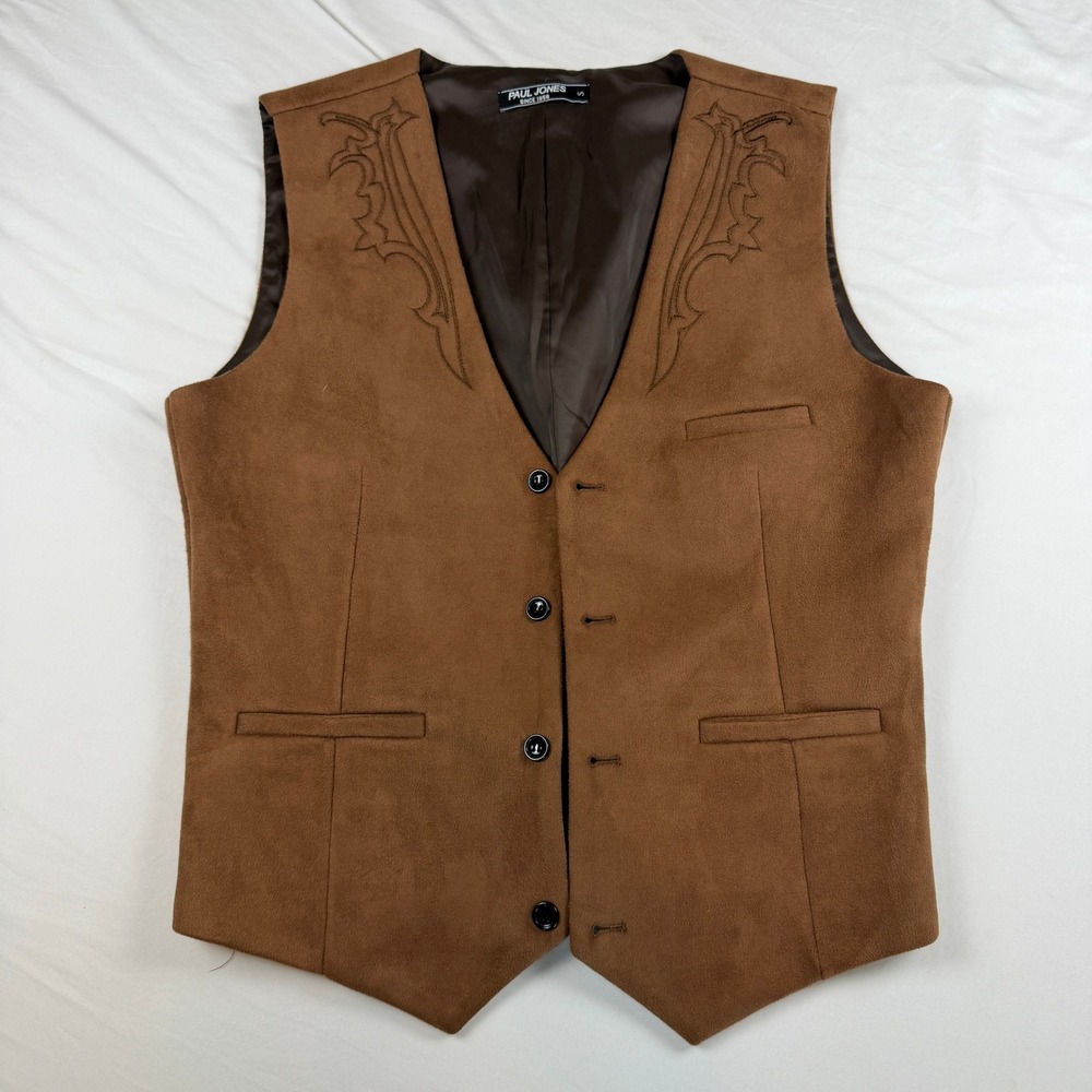 Paul Jones Mens Brown Faux Suede Western Vest Embroidered Cowboy Waistcoat Small